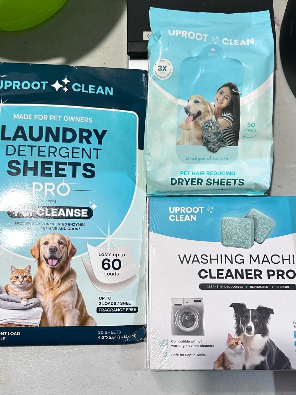 Uproot Clean Pet 3 piece bundle washing machine cleaner, detergent, dryer sheets